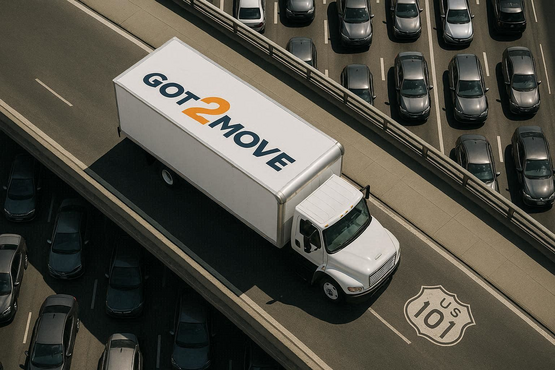 moving company van driving on the road in Palo Alto
